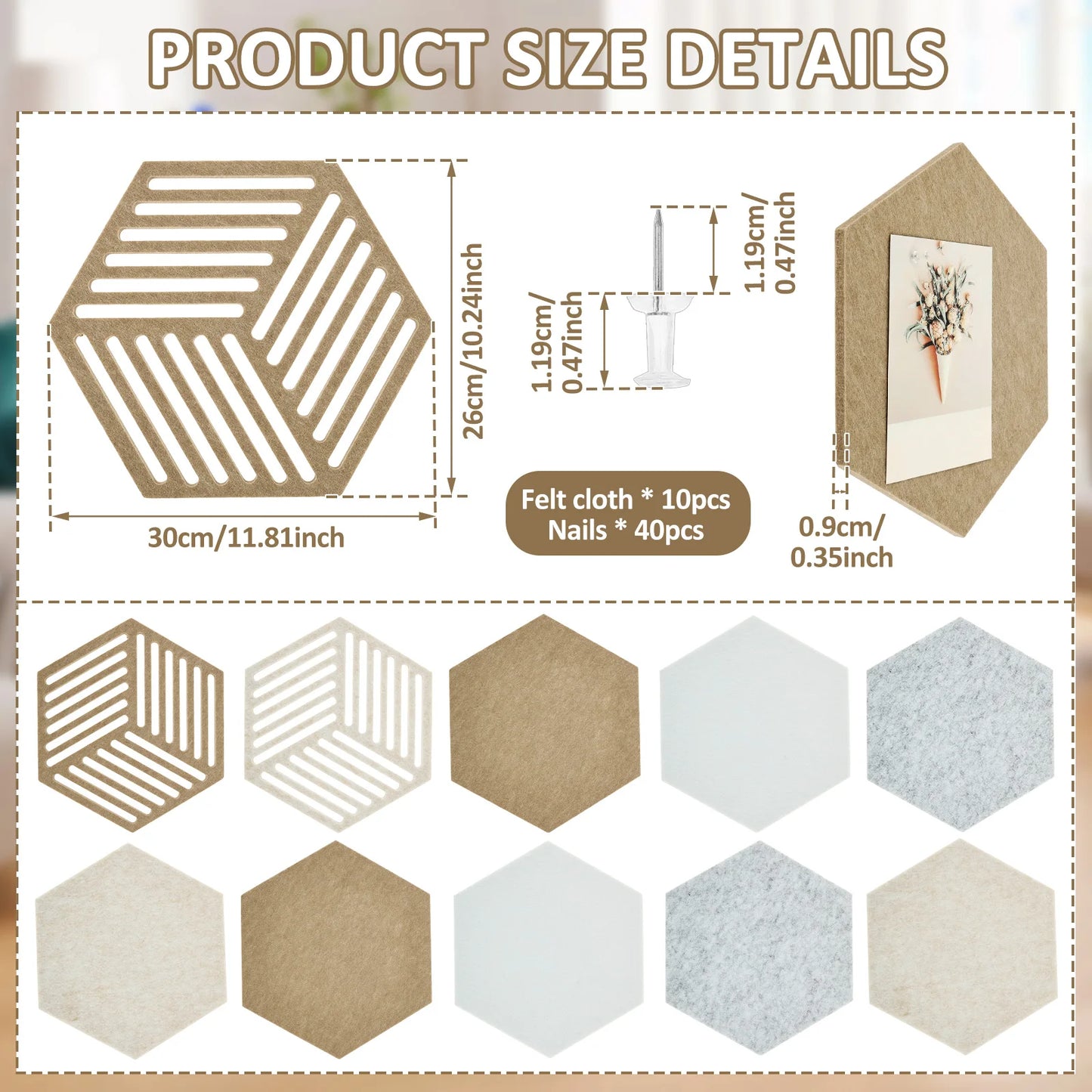 10Pcs Hexagon Felt Cork Bulletin Board Tile High Density Adhesive Pinboard with Push Pin Noise Reducing for Home Wall Decor