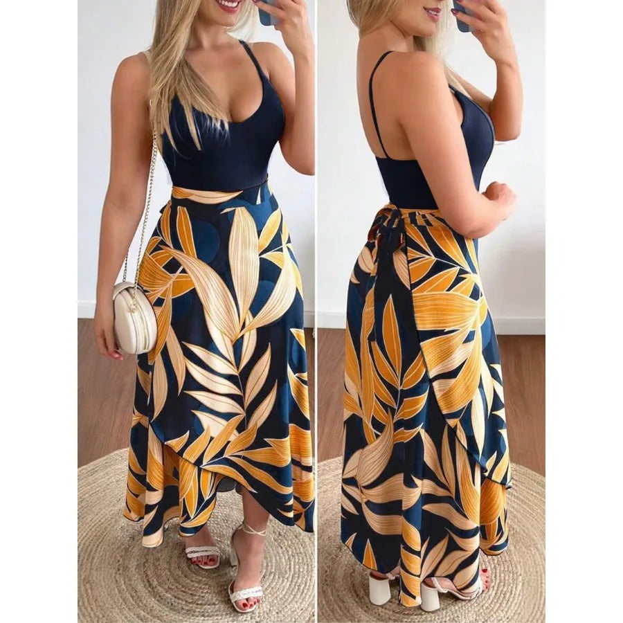 【Spot goods】Breezaya Women Tropical Plant Printed Cross Wrap Cami Sleeveless Dress With Spaghetti Straps Maxi Women Outfit
