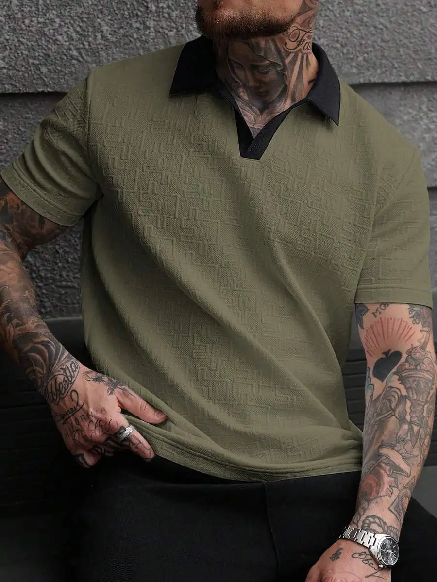 Men's White Textured Polo Shirt with Contrast Navy Collar, Short Sleeve Casual Fit