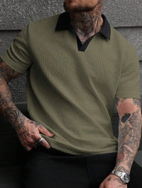 Men's White Textured Polo Shirt with Contrast Navy Collar, Short Sleeve Casual Fit