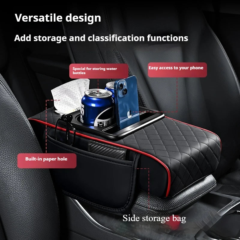 PU Leather Car Armrest Box 7.5CM Thicken Extension Cushion with Cup Holder Tissue Box Side Storage Pocket Arm Rest Cover Pad