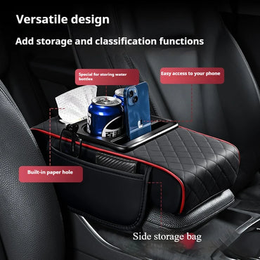 PU Leather Car Armrest Box 7.5CM Thicken Extension Cushion with Cup Holder Tissue Box Side Storage Pocket Arm Rest Cover Pad