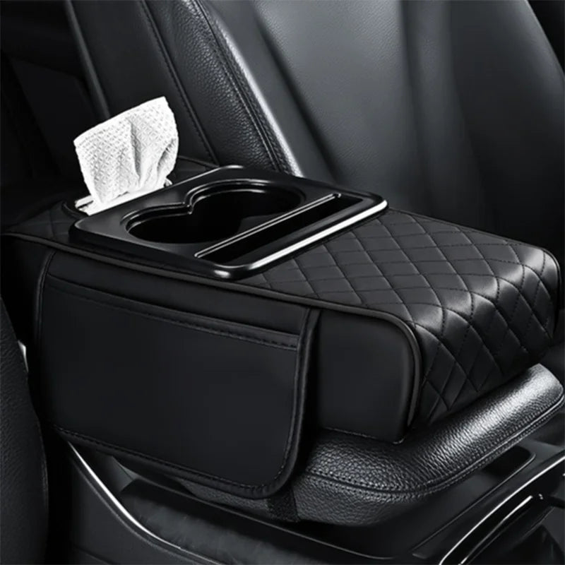 PU Leather Car Armrest Box 7.5CM Thicken Extension Cushion with Cup Holder Tissue Box Side Storage Pocket Arm Rest Cover Pad