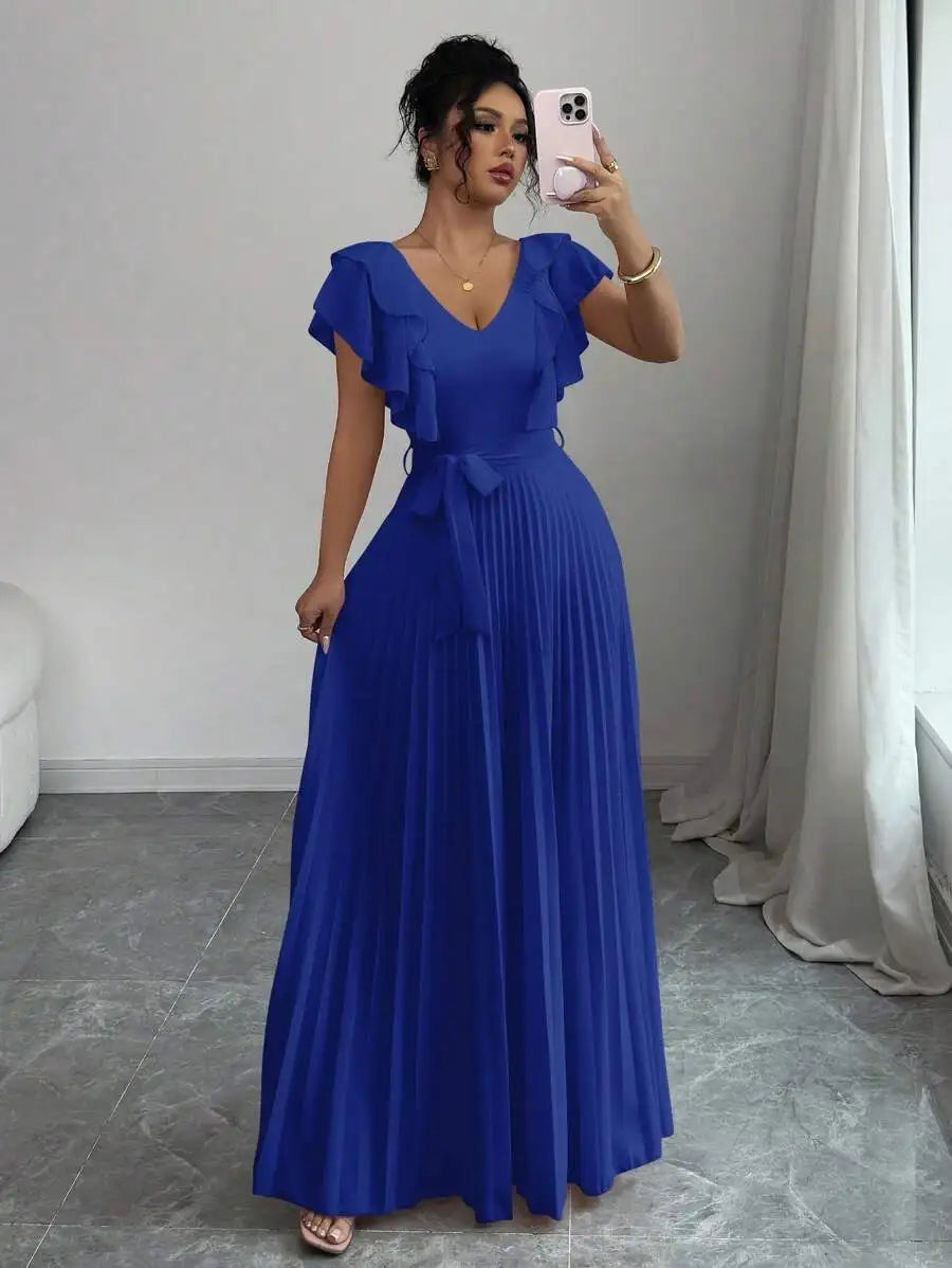 Burgundy V-Neck Ruffle Sleeve Pleated A-Line Maxi Dress with Waist Tie