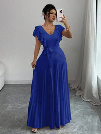 Burgundy V-Neck Ruffle Sleeve Pleated A-Line Maxi Dress with Waist Tie