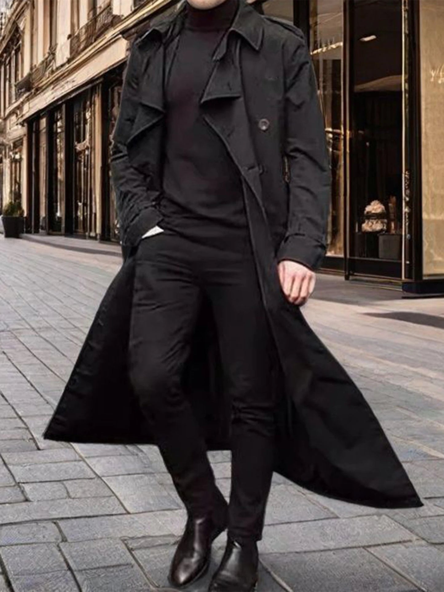 Men s Classic Wool Blend Trench Coat with Removable Belt and Notched Lapel Collar Warm Winter Overcoat Jacket