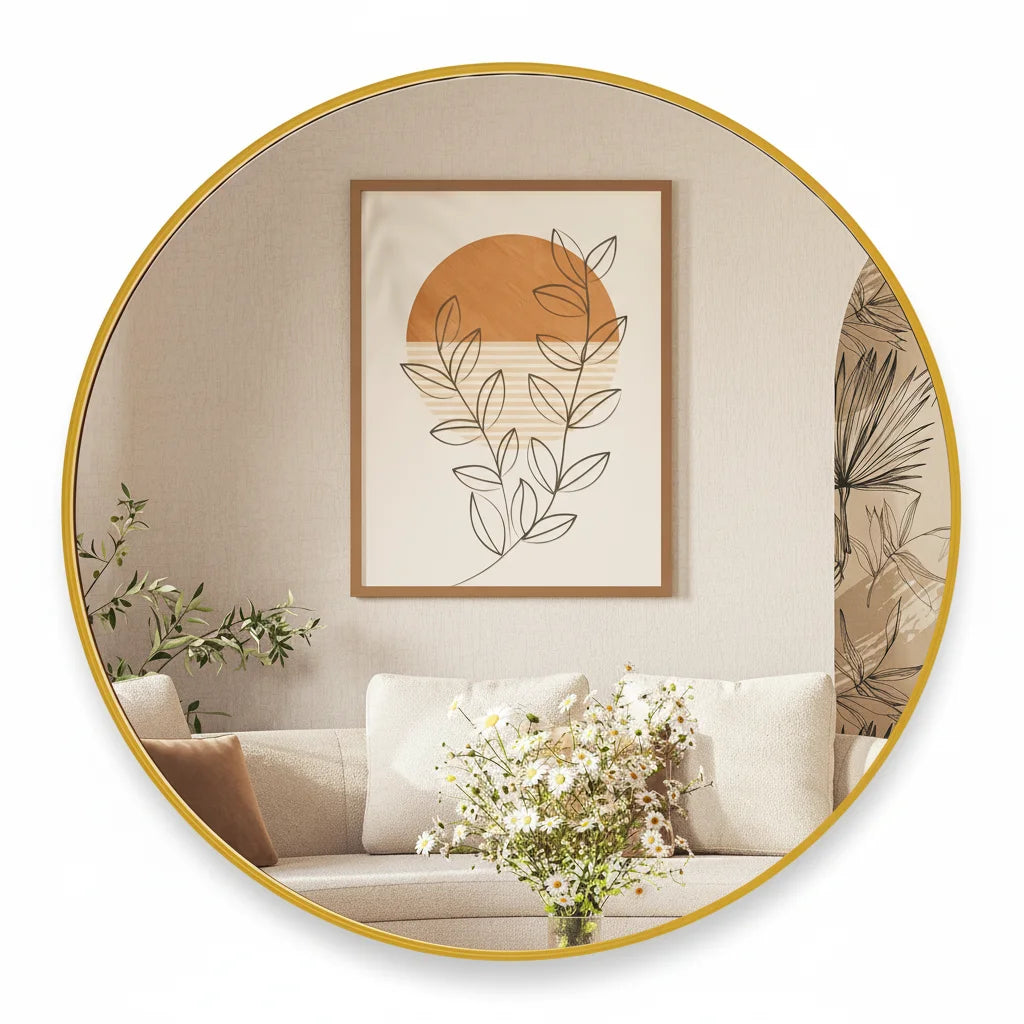 20" Gold Round Wall Mirror, Elegant Bedroom Bathroom Vanity Mirror, 20" Frameless Shatterproof Style