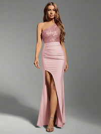 Emerald Green One-Shoulder Sequin Bodice High Slit Maxi Dress