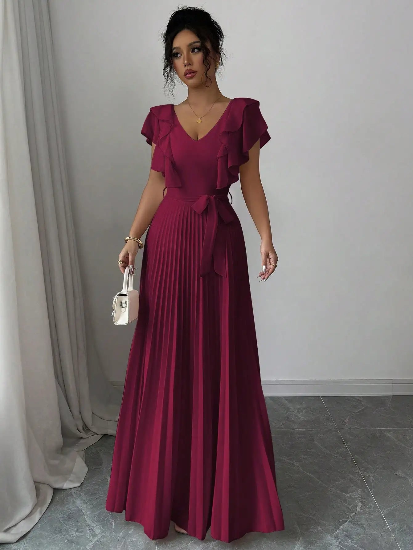 Burgundy V-Neck Ruffle Sleeve Pleated A-Line Maxi Dress with Waist Tie