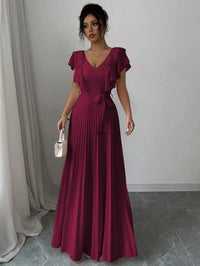 Burgundy V-Neck Ruffle Sleeve Pleated A-Line Maxi Dress with Waist Tie
