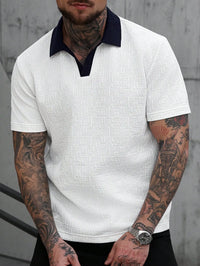 Men's White Textured Polo Shirt with Contrast Navy Collar, Short Sleeve Casual Fit