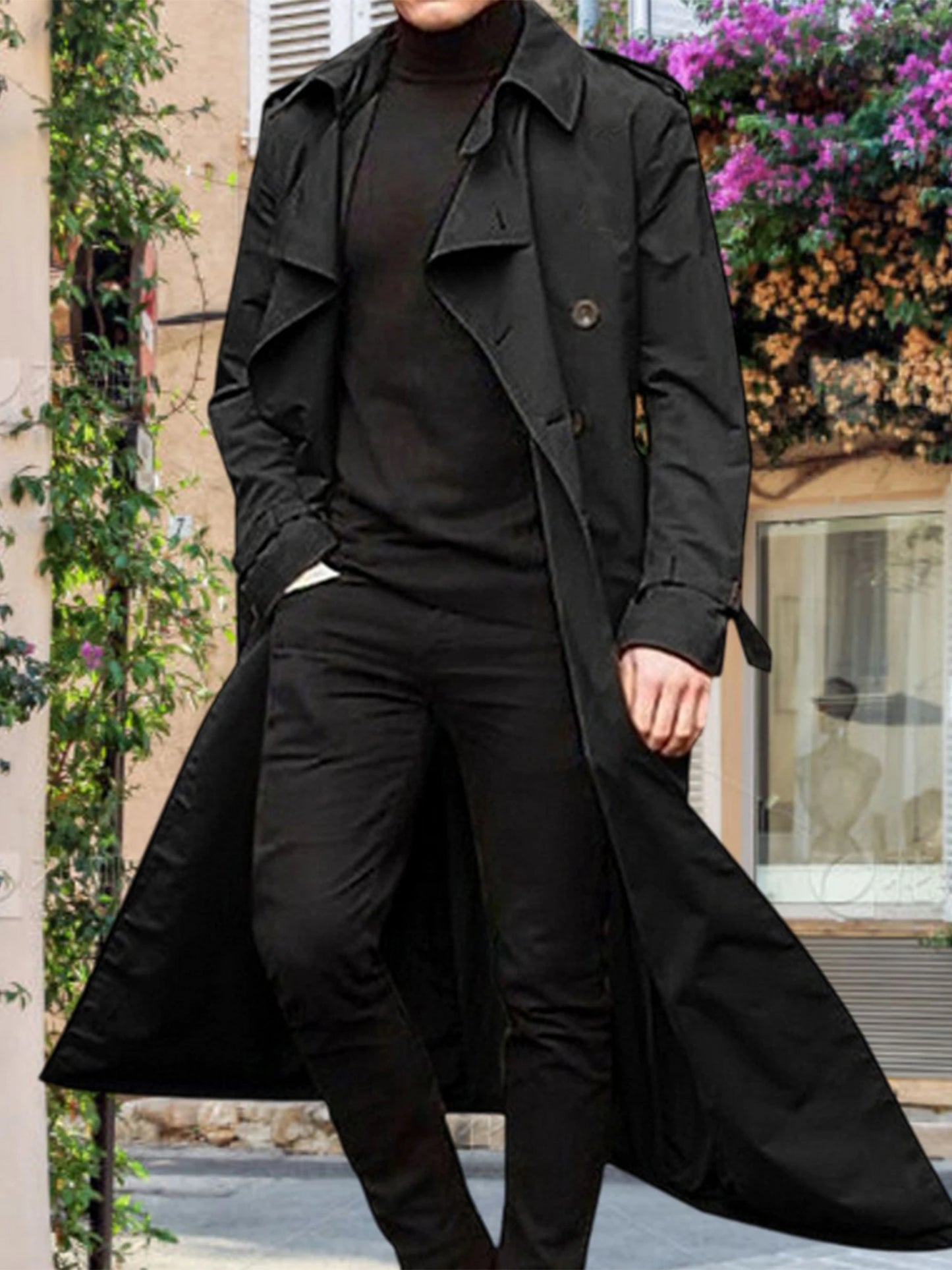 Men s Classic Wool Blend Trench Coat with Removable Belt and Notched Lapel Collar Warm Winter Overcoat Jacket