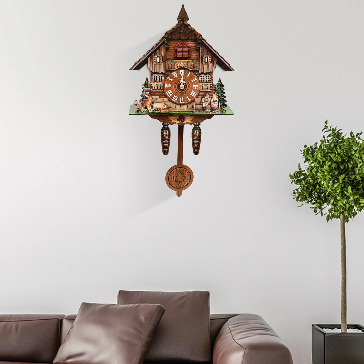 Cuckoo Wall Clock Traditional Antique Chalet Forest House Wooden Wall Pendulum Quartz Clock for Home Cafe Restaurant Hotel Decor