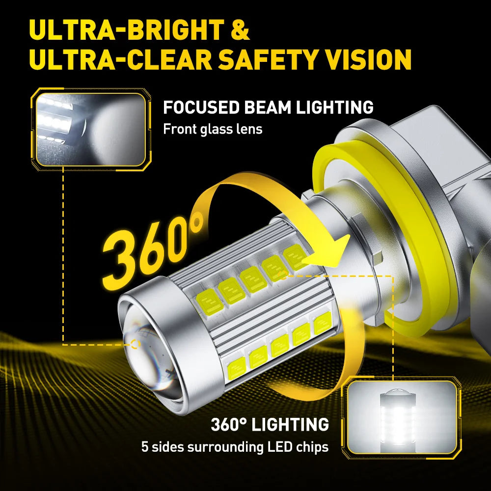 AUXITO 2x Mini Size H11 H16(JP) LED Fog Lights 6500K White H8 H9 9006/HB4 H10 LED Driving Lamp Bulbs 3000K Yellow DRL With Lens