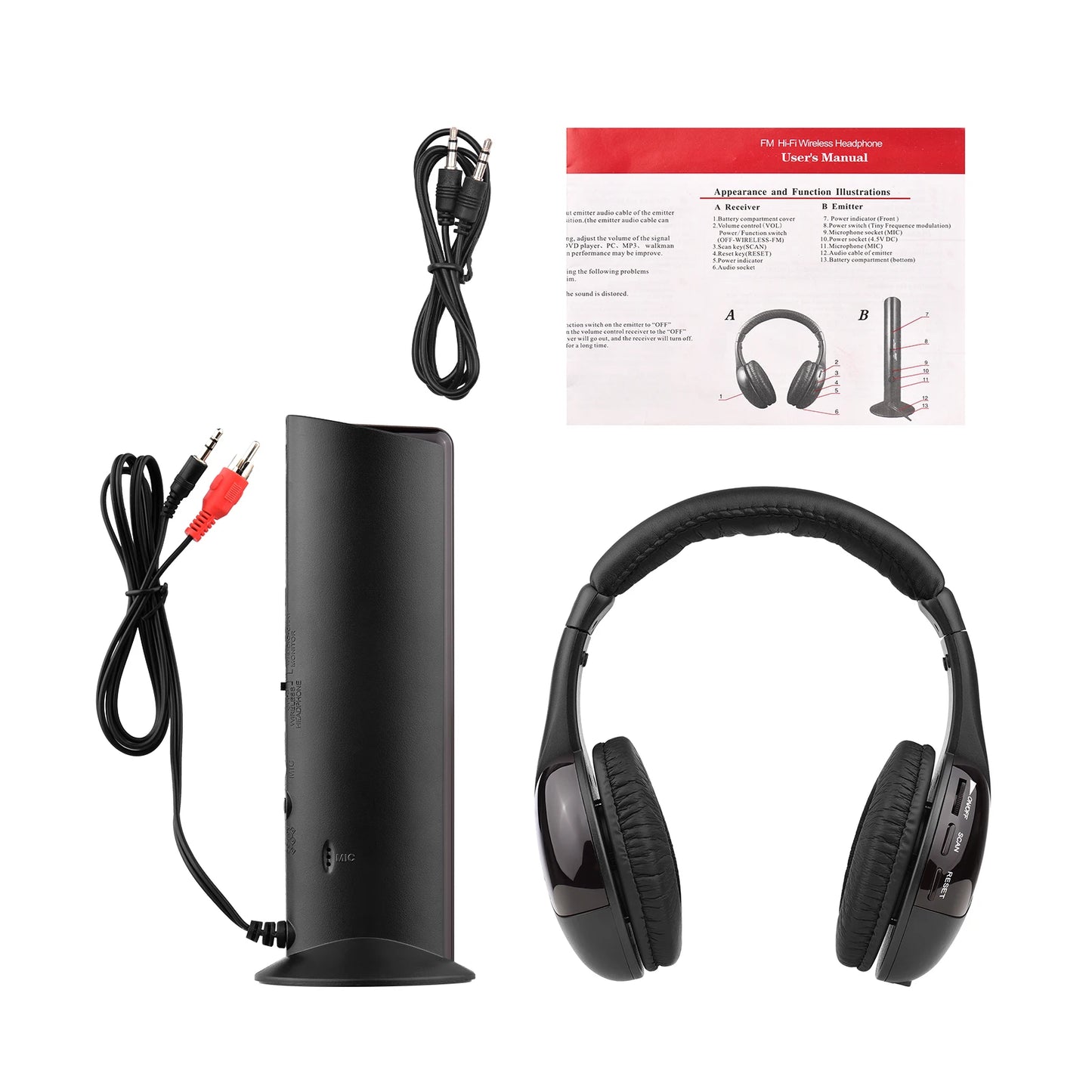 Wireless Headphone Emitter & Receiver Set FM Radio Computer TV Monitor Cordless Headphone Wired Headset with Microphone for TV L
