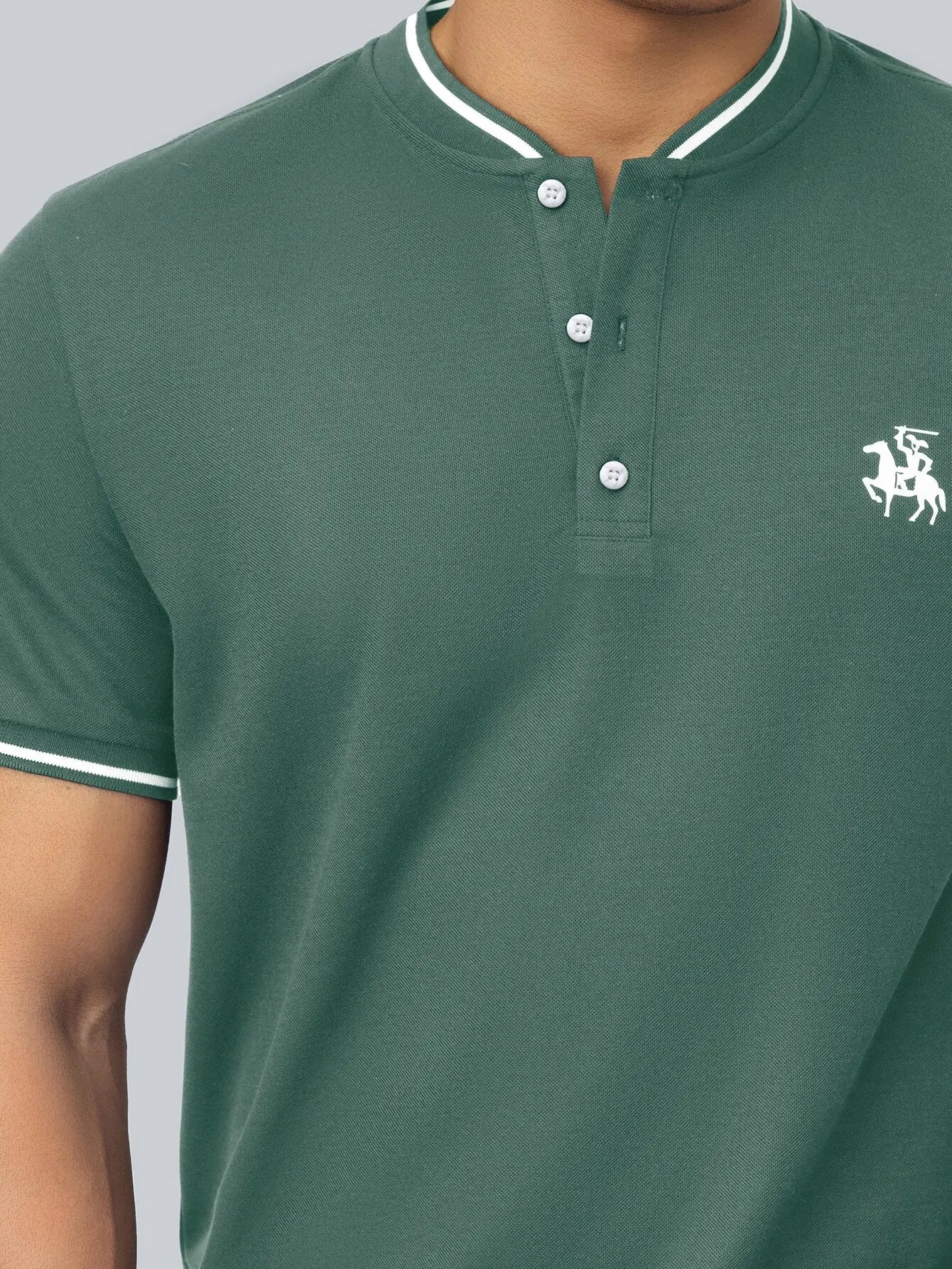 Men's Green Henley Polo Shirt with White Trim and Equestrian Embroidery