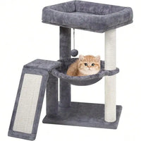 Cat Tree With Scratching Post For Indoor Cats, Cat Tower With Scratching Board And Playful Toy Balls, Cozy Hammock Perch, Grey C