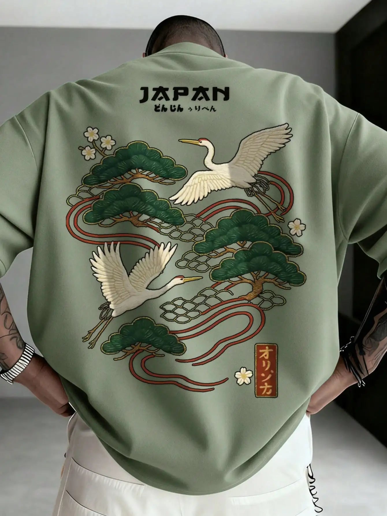 Men's Japanese Crane Embroidered Short Sleeve T-Shirt with Pine Tree Design