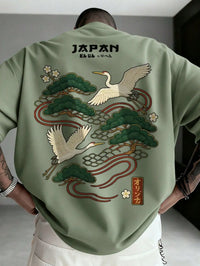 Men's Japanese Crane Embroidered Short Sleeve T-Shirt with Pine Tree Design