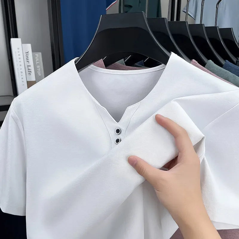 New Men's Casual and Fashionable Three Button V-neck Solid Color Short Sleeved T-shirt Summer Versatile Top