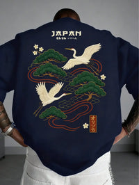 Men's Japanese Crane Embroidered Short Sleeve T-Shirt with Pine Tree Design