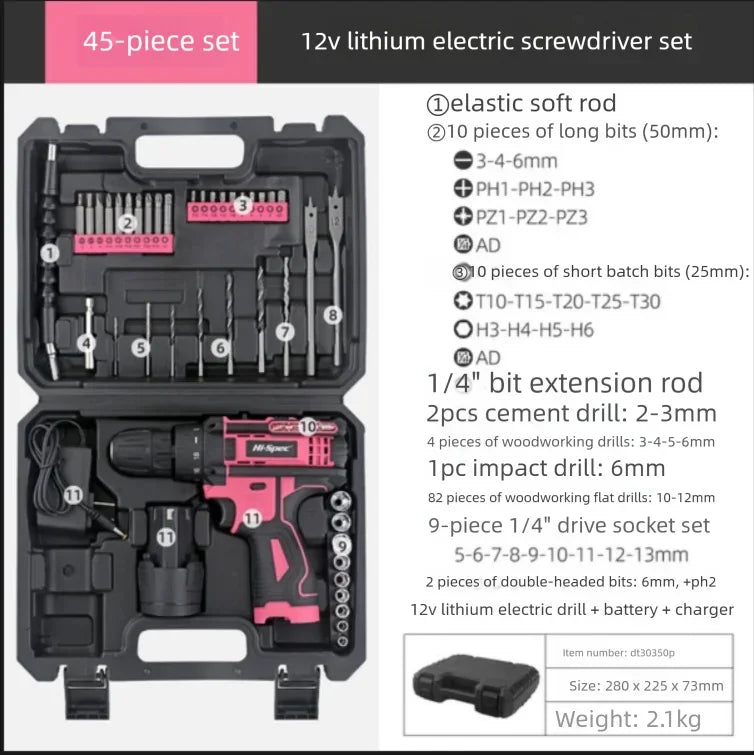 Hi-Spec 92-Piece Pink Home Tool Box Set, Multi-Function Hand Repair Kit with Hammer Cordless Power Drill Combo for Household DIY