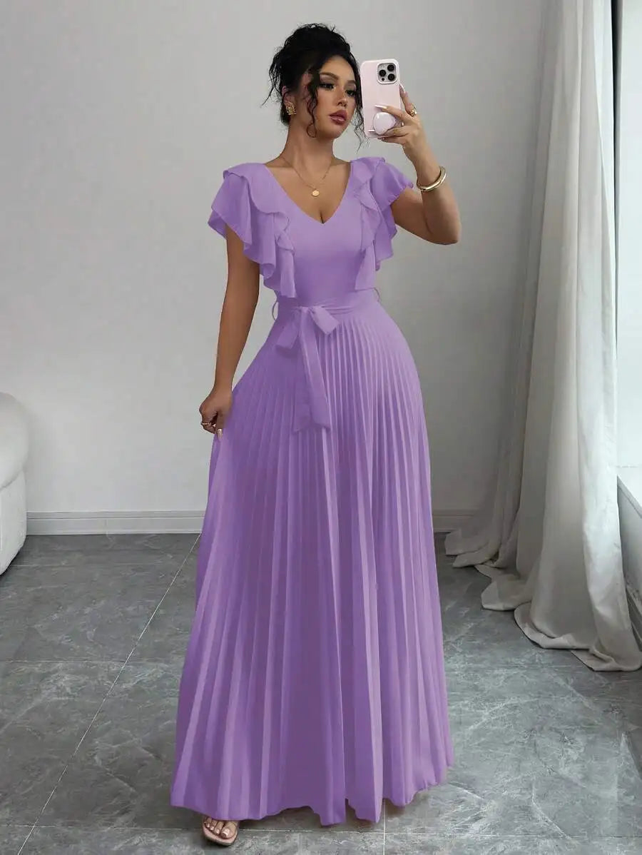 Burgundy V-Neck Ruffle Sleeve Pleated A-Line Maxi Dress with Waist Tie