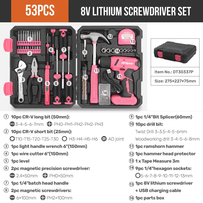 Hi-Spec 92-Piece Pink Home Tool Box Set, Multi-Function Hand Repair Kit with Hammer Cordless Power Drill Combo for Household DIY