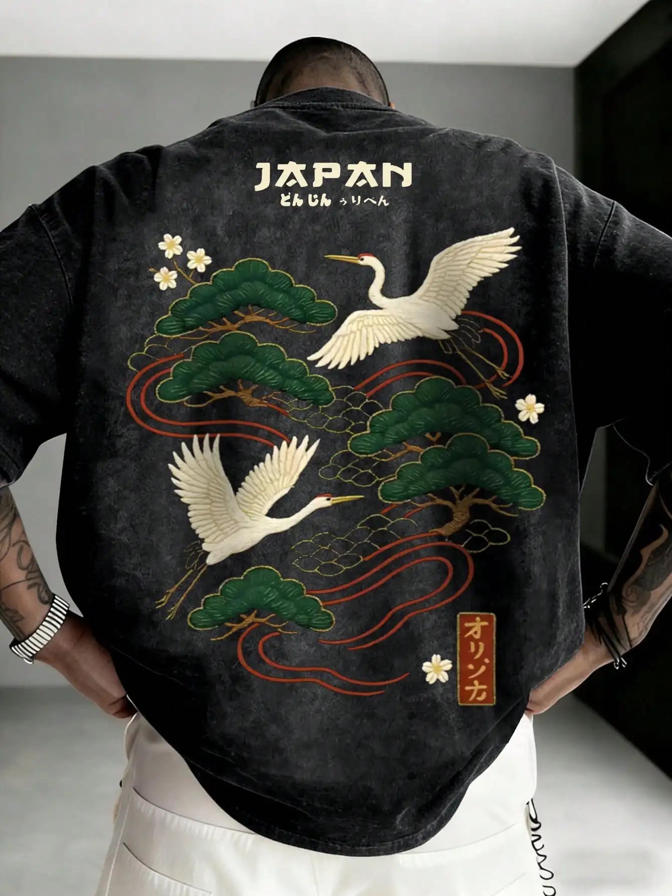 Men's Japanese Crane Embroidered Short Sleeve T-Shirt with Pine Tree Design