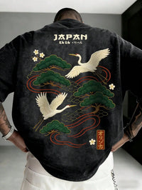 Men's Japanese Crane Embroidered Short Sleeve T-Shirt with Pine Tree Design