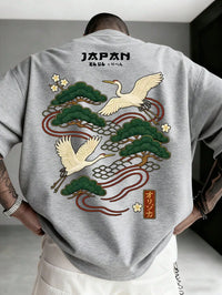 Men's Japanese Crane Embroidered Short Sleeve T-Shirt with Pine Tree Design
