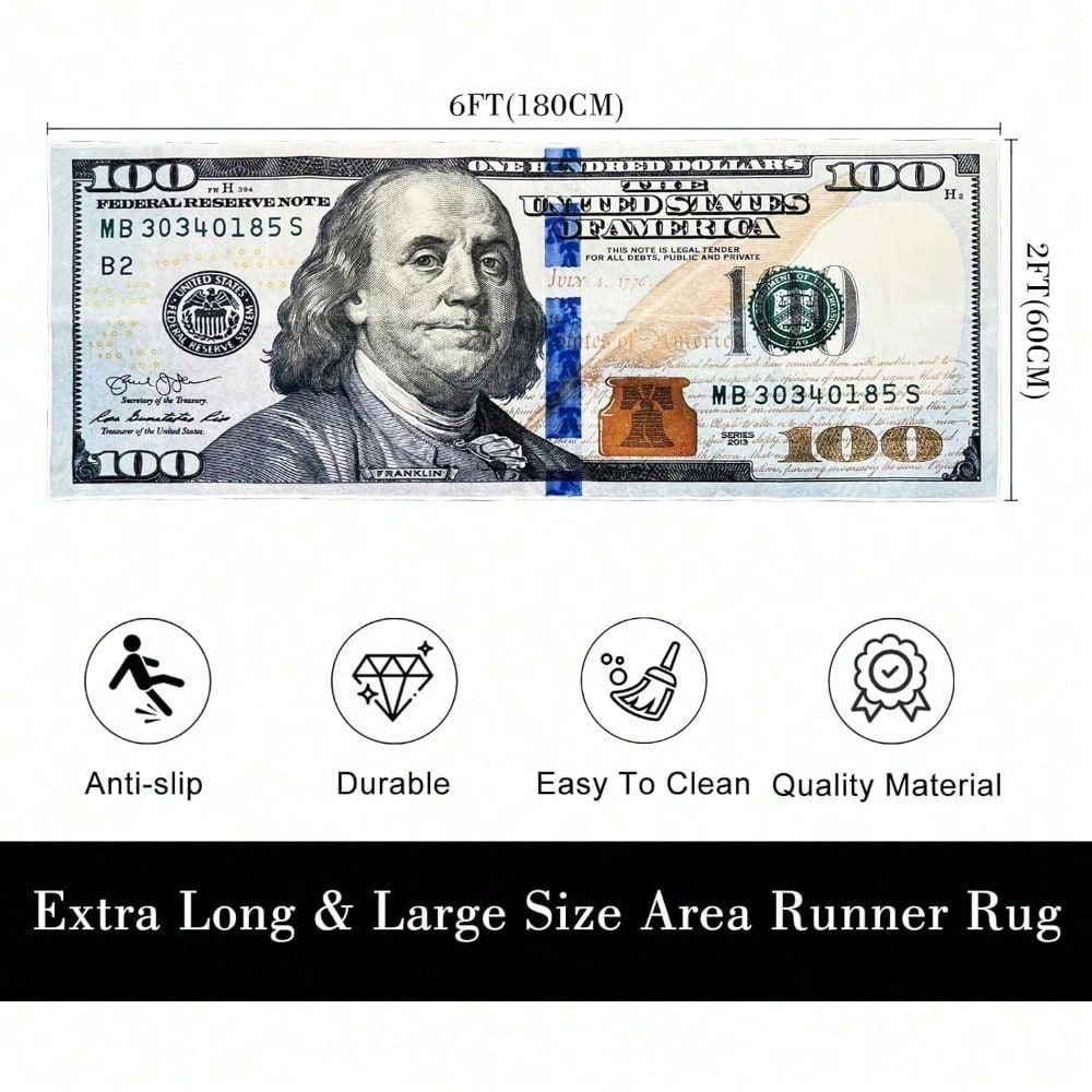 One Hundred Dollar Design Area Rug, Currency Inspired Non-Slip Carpet For Living Room & Entryway