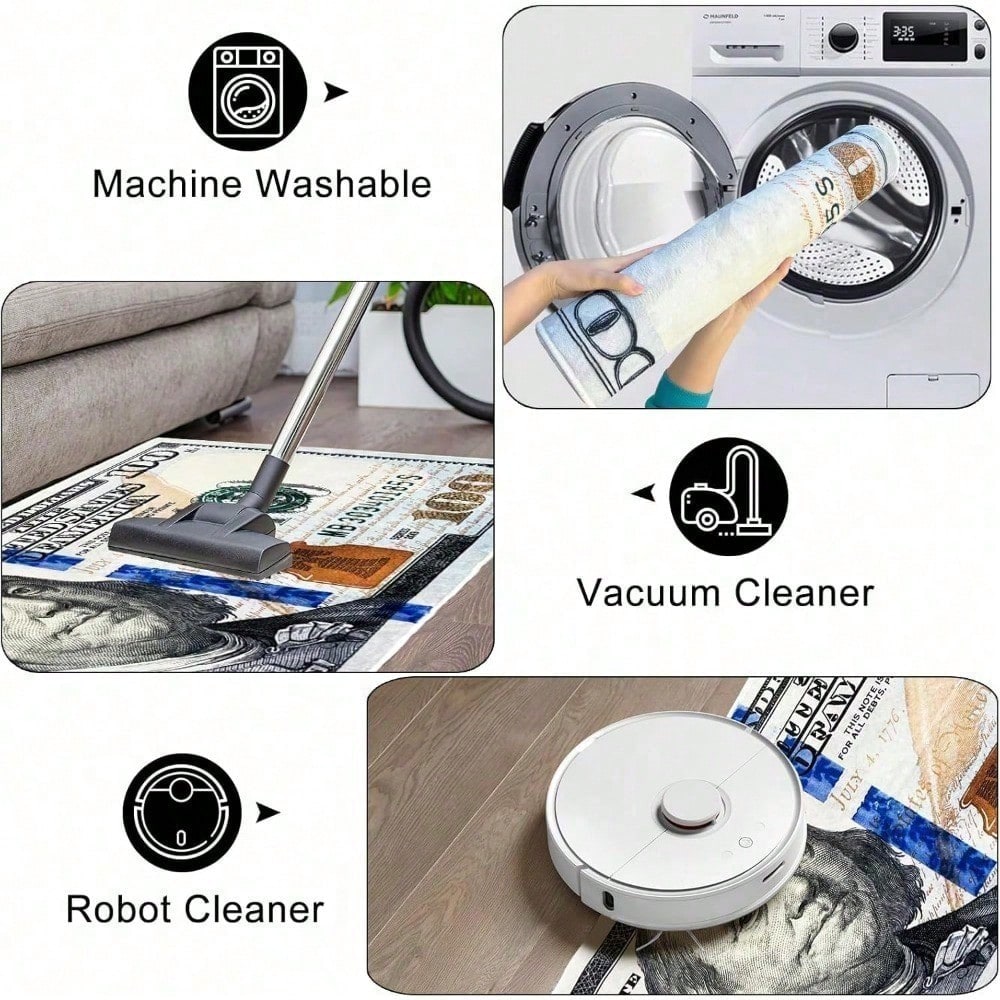 One Hundred Dollar Design Area Rug, Currency Inspired Non-Slip Carpet For Living Room & Entryway