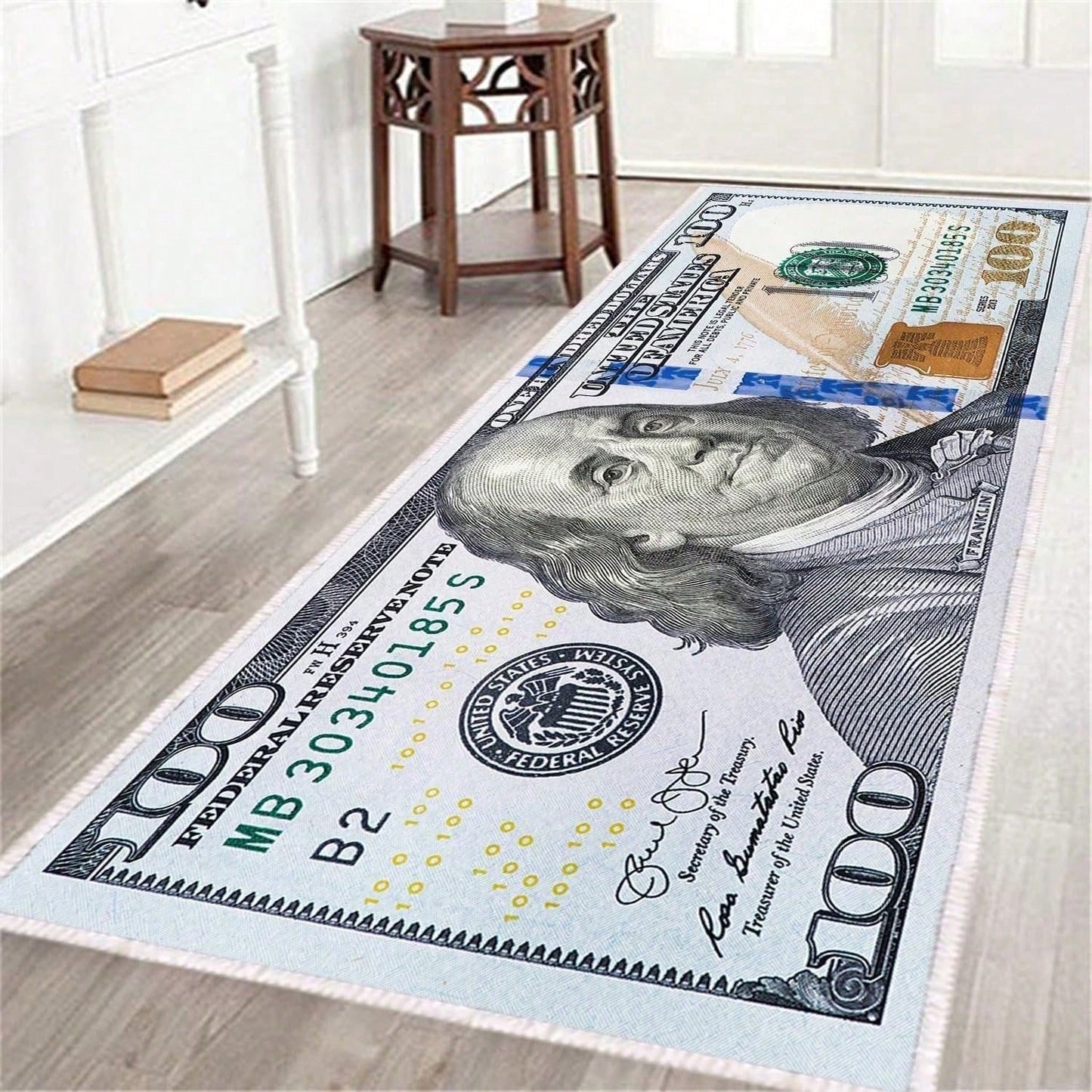 One Hundred Dollar Design Area Rug, Currency Inspired Non-Slip Carpet For Living Room & Entryway